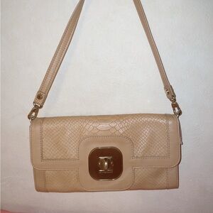 Longchamp Beige Snake-Embossed Shoulder Bag with Gold Hardware